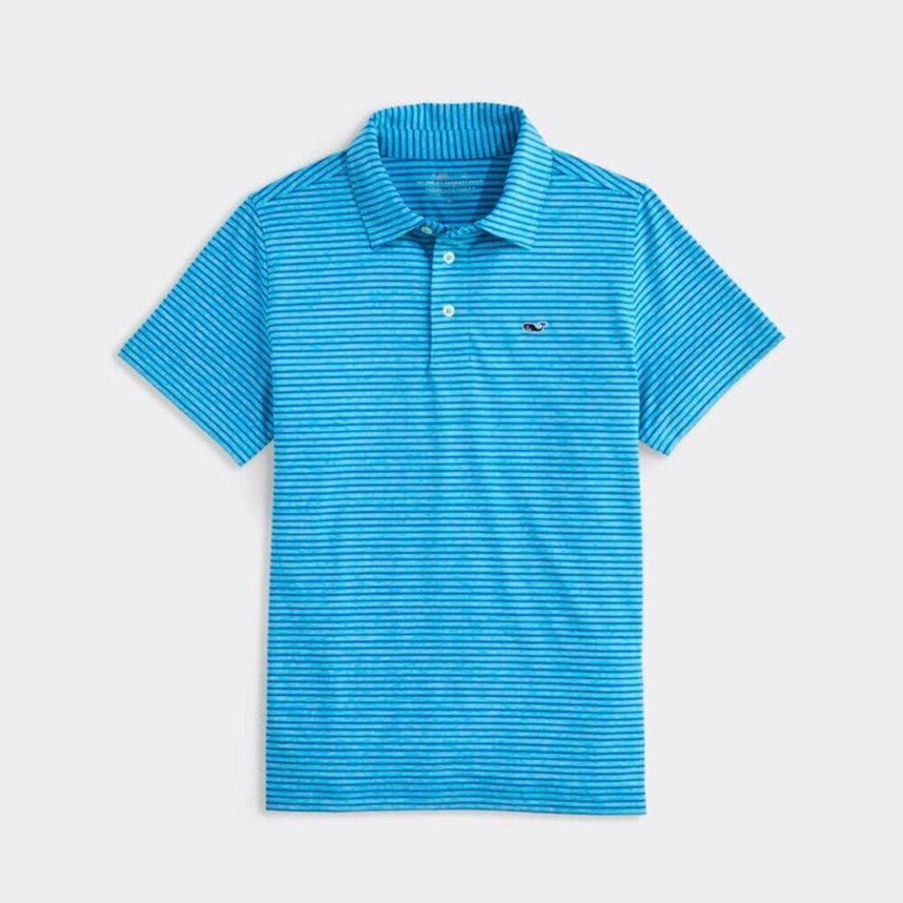 Vineyard Vines Boys' Bradley Stripe Sankaty Performance Polo, Turquoise/Blue, M